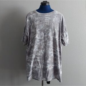 AC/DC Tie Dye Acid Wash Silver Studded Rhinestone Short Sleeve Top 2X